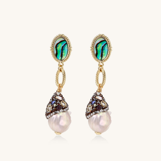 Gold-plated statement earrings with iridescent abalone shells, rope chain links, and crystal-capped baroque pearls