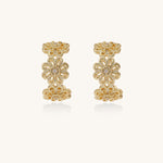 Ornate gold-plated brass hoop earrings featuring delicate floral filigree patterns and intricate rosette details.
