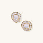 Gold-plated stud earrings with central freshwater pearl surrounded by baguette crystals in radial pattern