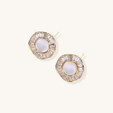 Gold-plated stud earrings with central freshwater pearl surrounded by baguette crystals in radial pattern