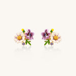 Delicate gold-plated stud earrings featuring white daisy and purple flowers with green leaves and crystal accents