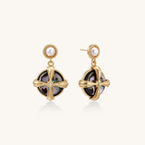 Gold-plated drop earrings with cross design framing iridescent abalone shell and pearl studs on neutral background.