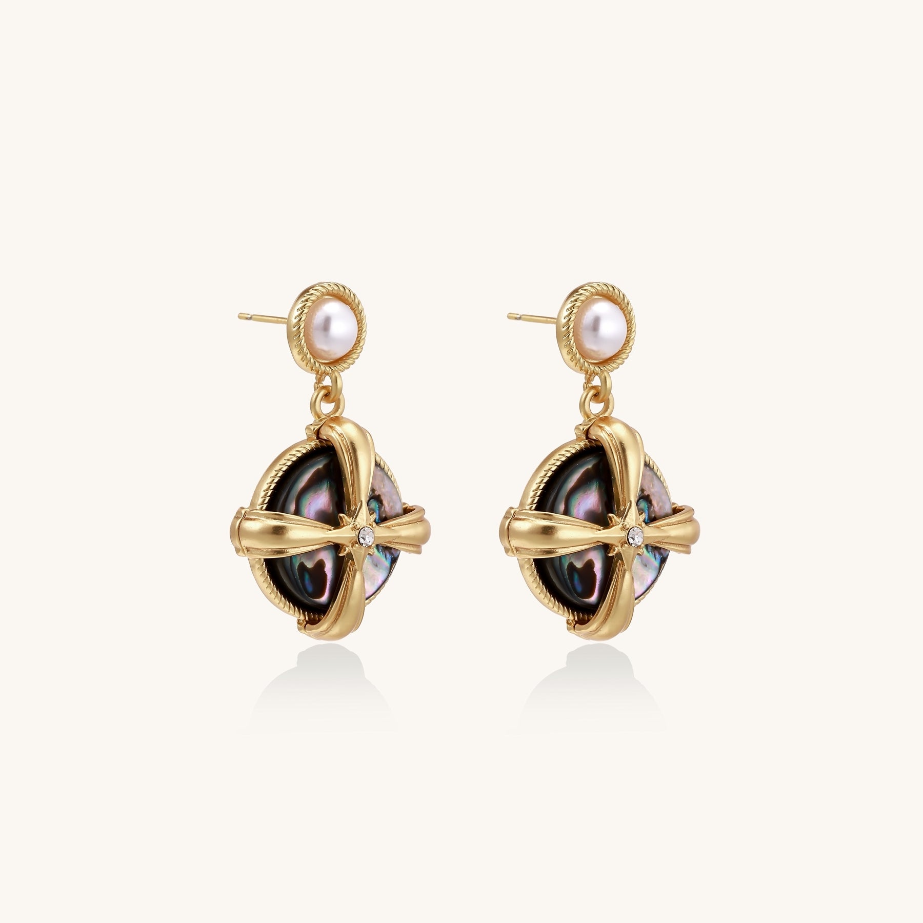 Gold-plated drop earrings with cross design framing iridescent abalone shell and pearl studs on neutral background.