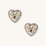 Heart-shaped gold plated earrings with silver rope lattice design and intricate open knotwork pattern