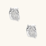 Small gold-plated brass hoop earrings with geometric lattice pattern and zirconia accents on white background.