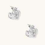 Small gold-plated brass hoop earrings with geometric lattice pattern and zirconia accents on white background.