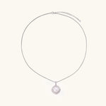 Cushion-shaped double halo pendant with 10mm freshwater pearl center on rhodium-plated sterling silver chain