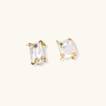 Baroque pearl studs in gold-plated prong setting with four multicolor gemstones on each corner, front and side view