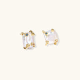 Baroque pearl studs in gold-plated prong setting with four multicolor gemstones on each corner, front and side view