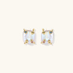 Baroque pearl studs in gold-plated prong setting with four multicolor gemstones on each corner, front and side view