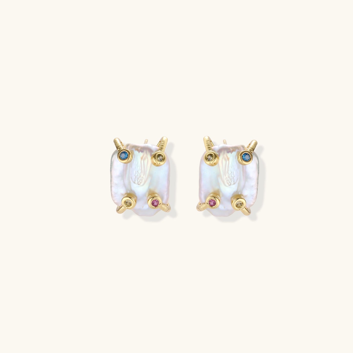 Baroque pearl studs in gold-plated prong setting with four multicolor gemstones on each corner, front and side view