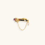 Gold sculptural cuff ring with multicolored tourmaline beads and baroque pearl drop on delicate chain