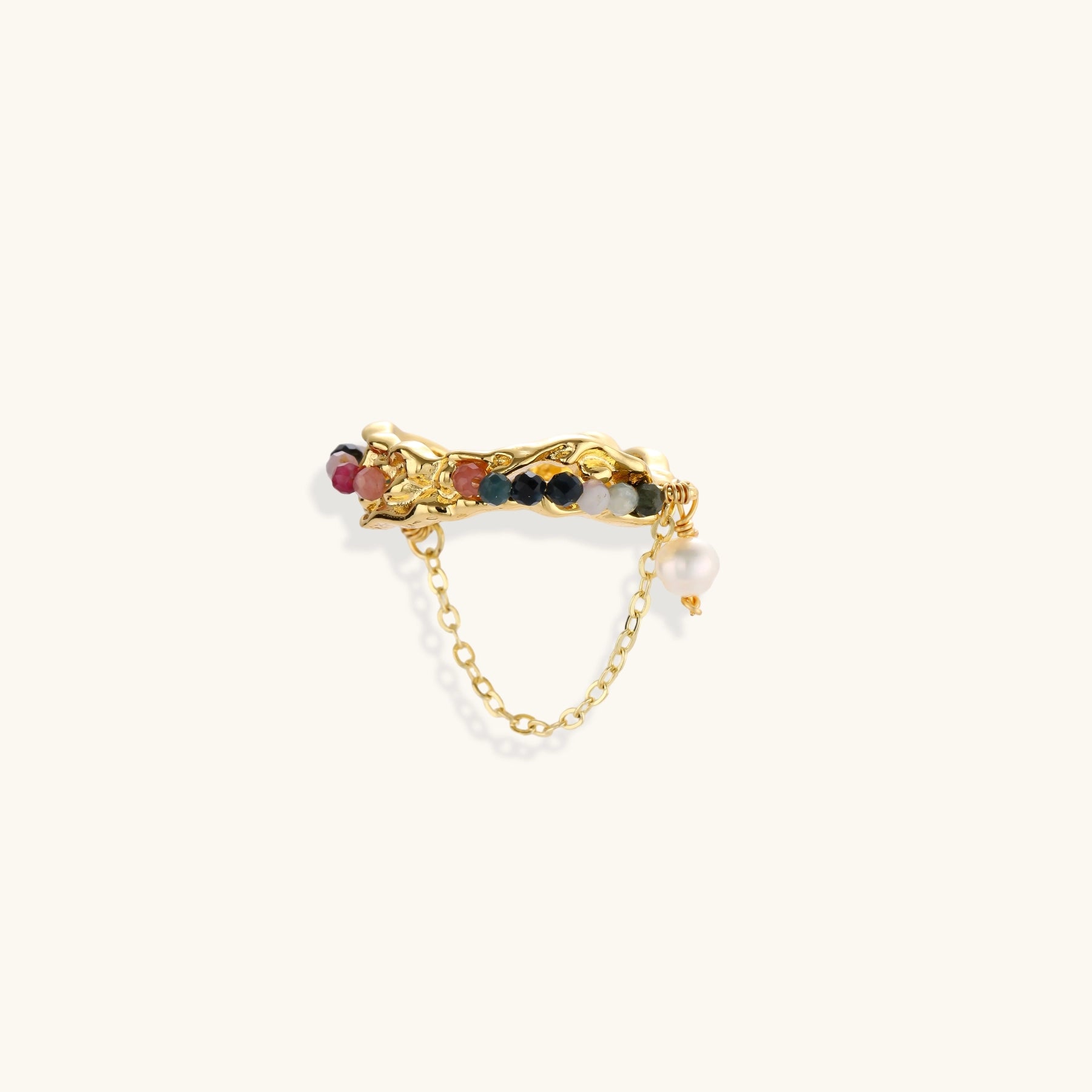 Gold sculptural cuff ring with multicolored tourmaline beads and baroque pearl drop on delicate chain
