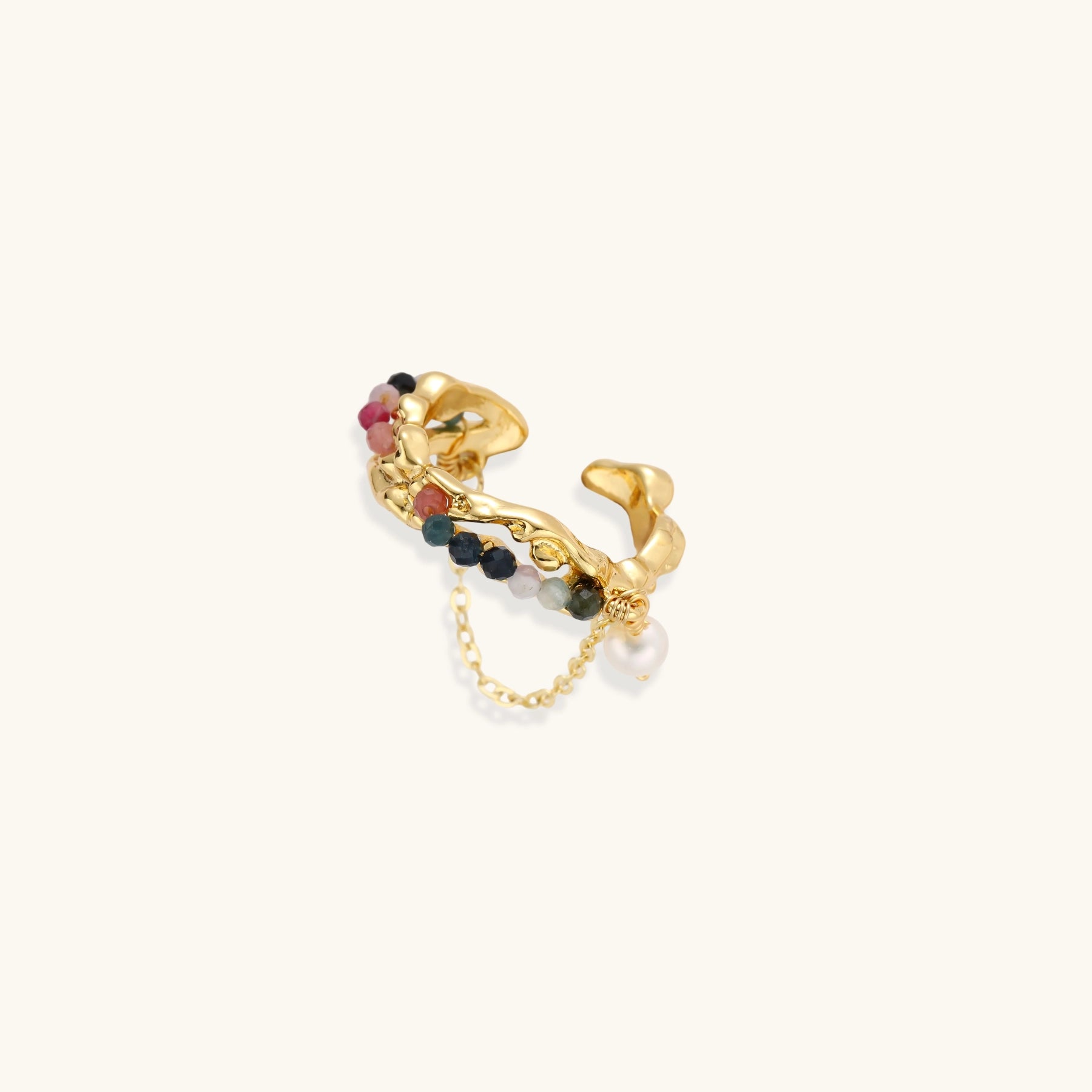 Gold sculptural cuff ring with multicolored tourmaline beads and baroque pearl drop on delicate chain