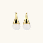 Pair of small gold-plated hoop earrings with triangular cone fronts and curved backs on white background.