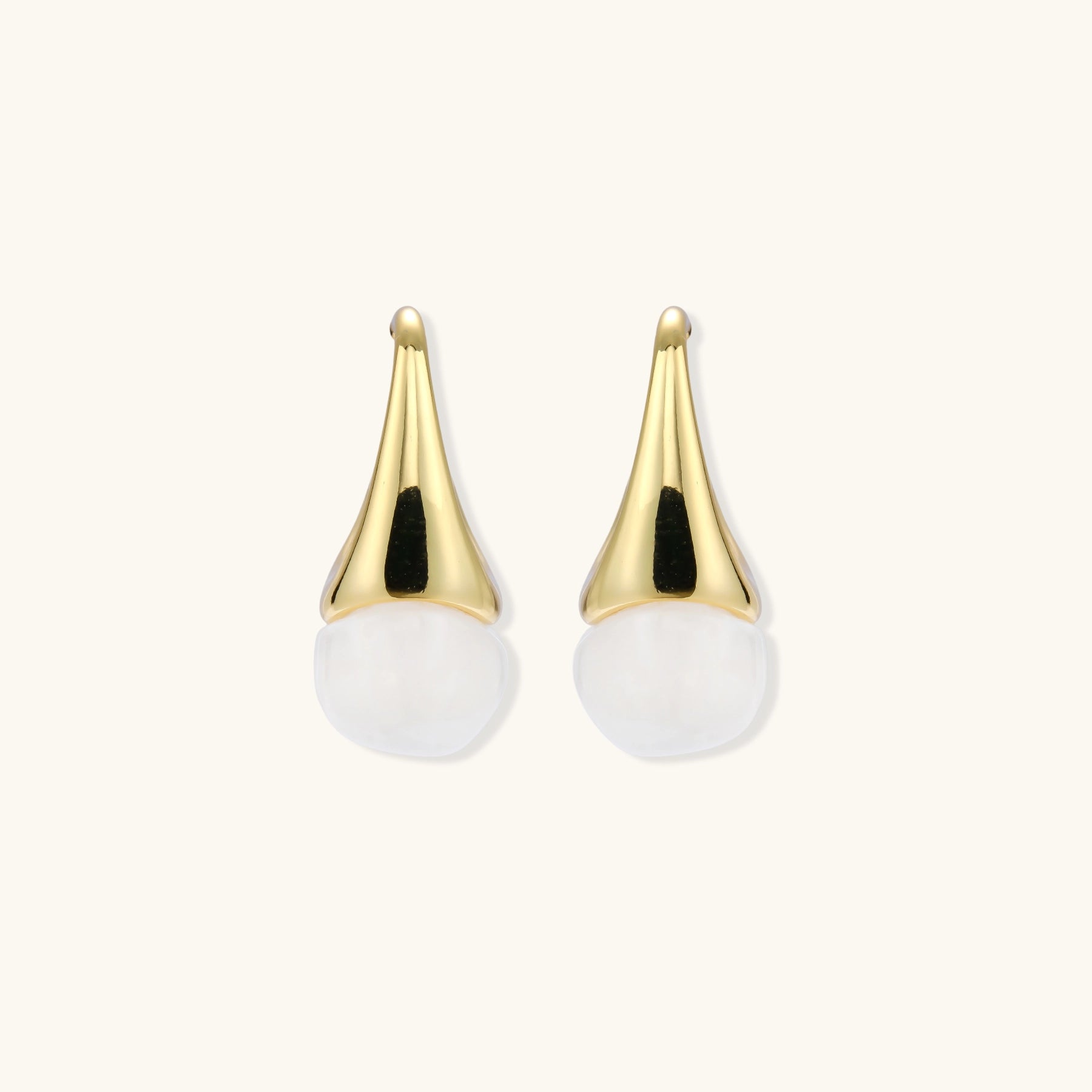 Pair of small gold-plated hoop earrings with triangular cone fronts and curved backs on white background.