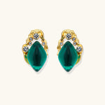 Gold-plated stud earrings featuring teardrop emerald green liuli stones with cubic zirconia crystal accents on white background.