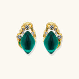 Gold-plated stud earrings featuring teardrop emerald green liuli stones with cubic zirconia crystal accents on white background.