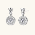 Art Deco-inspired sterling silver drop earrings with tiered moissanite stones in geometric sunburst design