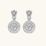 Art Deco-inspired sterling silver drop earrings with tiered moissanite stones in geometric sunburst design
