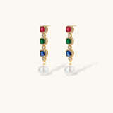 Gold-plated jewelry set with red, green, and blue cubic zirconia stones including necklace, bracelet, and drop earrings.