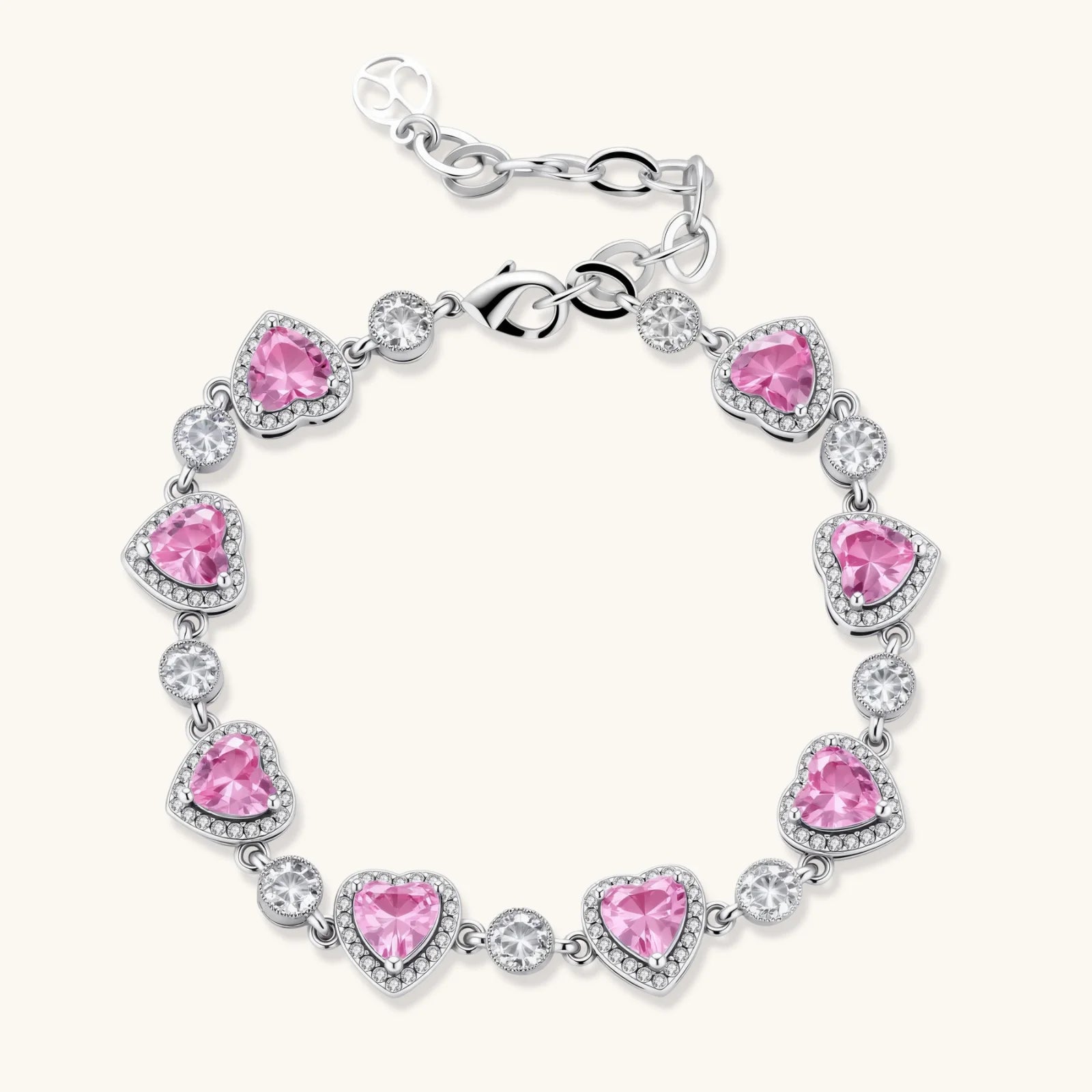 Pink heart-shaped cubic zirconia jewelry set with white gold plating featuring necklace, earrings, bracelet and ring