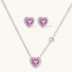 Pink heart-shaped cubic zirconia jewelry set with white gold plating featuring necklace, earrings, bracelet and ring
