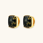 Elegant cushion-cut green amber earrings with golden inclusions in 18K gold-plated sterling silver settings.