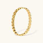 Gold 18K plated stainless steel bangle with continuous open heart links, high-polish finish, on white background.