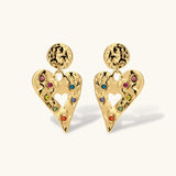Gold hammered heart drop earrings with rainbow cubic zirconia stones and textured coin stud, 18K gold plated stainless steel.