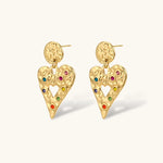 Gold hammered heart drop earrings with rainbow cubic zirconia stones and textured coin stud, 18K gold plated stainless steel.