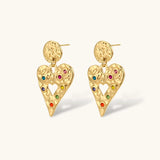 Gold hammered heart drop earrings with rainbow cubic zirconia stones and textured coin stud, 18K gold plated stainless steel.