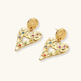 Gold hammered heart drop earrings with rainbow cubic zirconia stones and textured coin stud, 18K gold plated stainless steel.