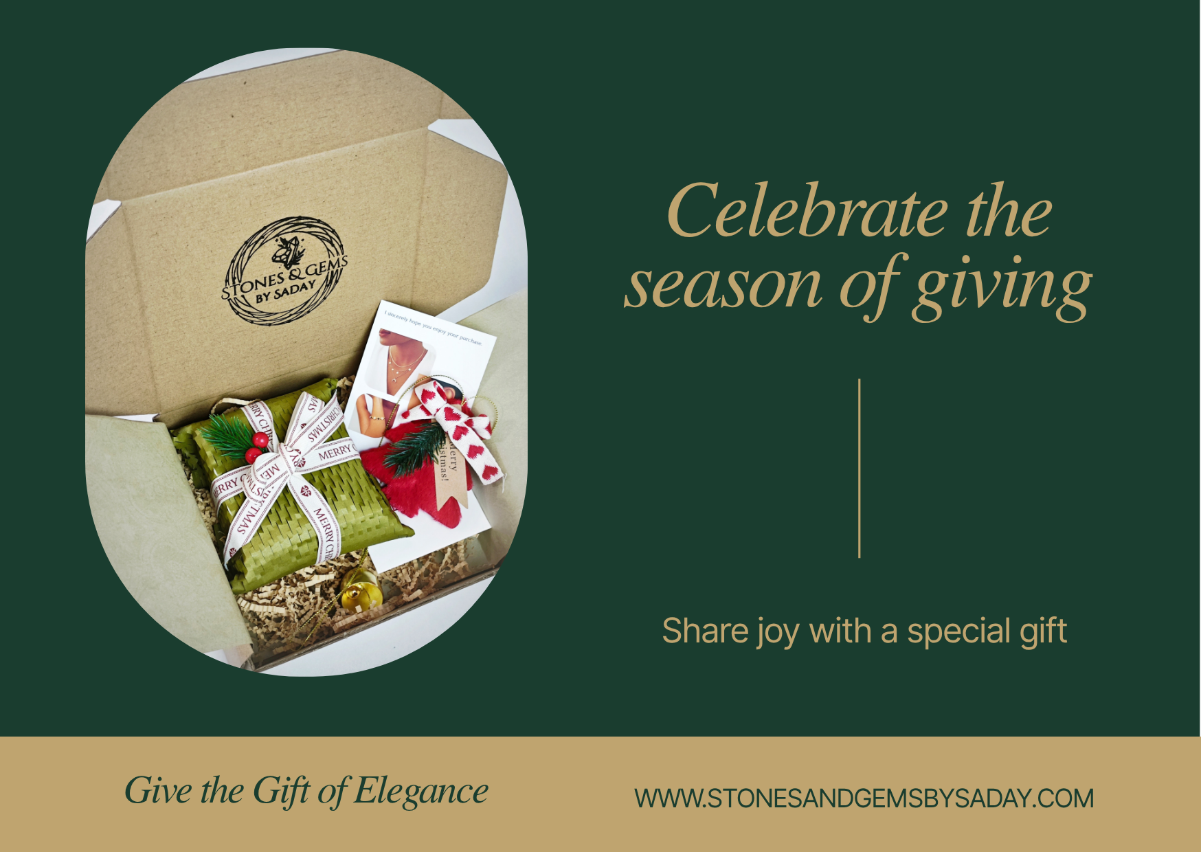 Gift box with decorative items on a green background with text about sharing joy with a special gift.